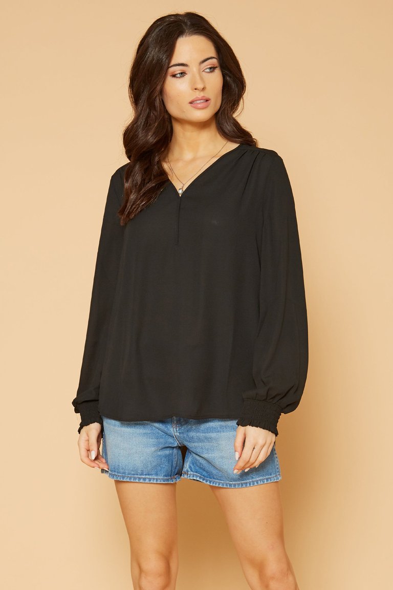 Pleione Solid V-Neck Smock Wrist Blouse - Black