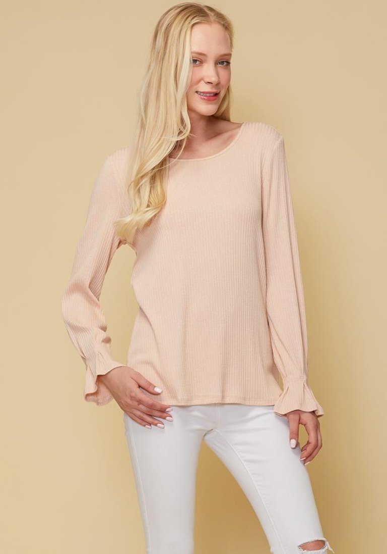 Ribbed Knit Top With Gathered Bell Cuff - Blush