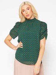 Ruched Short Sleeve Smocked Mock Neck Top - Emerald Yellow