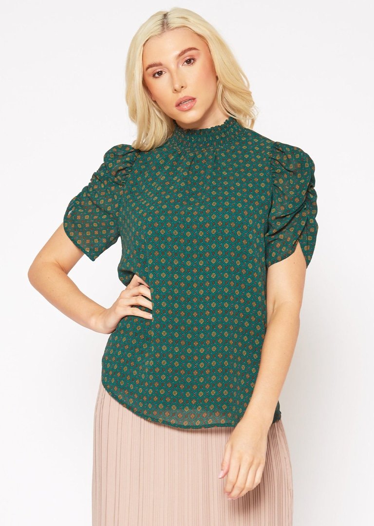 Ruched Short Sleeve Smocked Mock Neck Top - Emerald Yellow