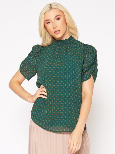 Pleione Ruched Short Sleeve Smocked Mock Neck Top product