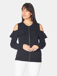 Ruffle Cold Shoulder Zip Front Sweatshirt in Black - Black