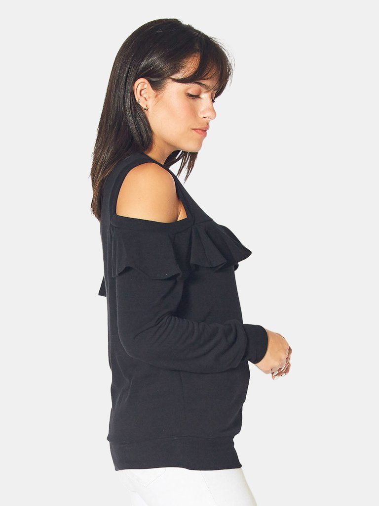 Ruffle Cold Shoulder Zip Front Sweatshirt in Black