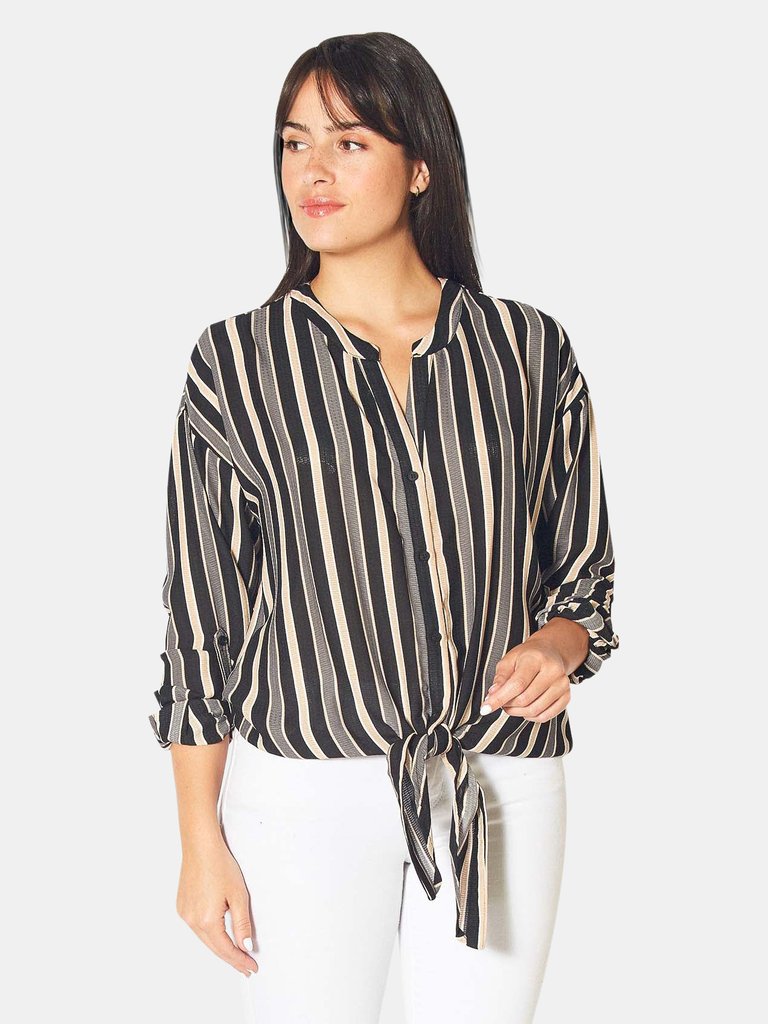 Tie-Neck- 3/4 Button Front Tunic in Black Stripe -  Black Stripe