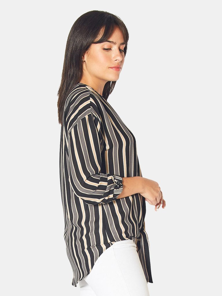 Tie-Neck- 3/4 Button Front Tunic in Black Stripe