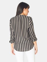 Tie-Neck- 3/4 Button Front Tunic in Black Stripe