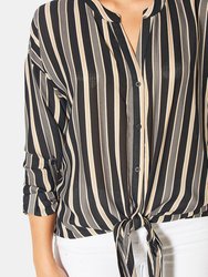 Tie-Neck- 3/4 Button Front Tunic in Black Stripe