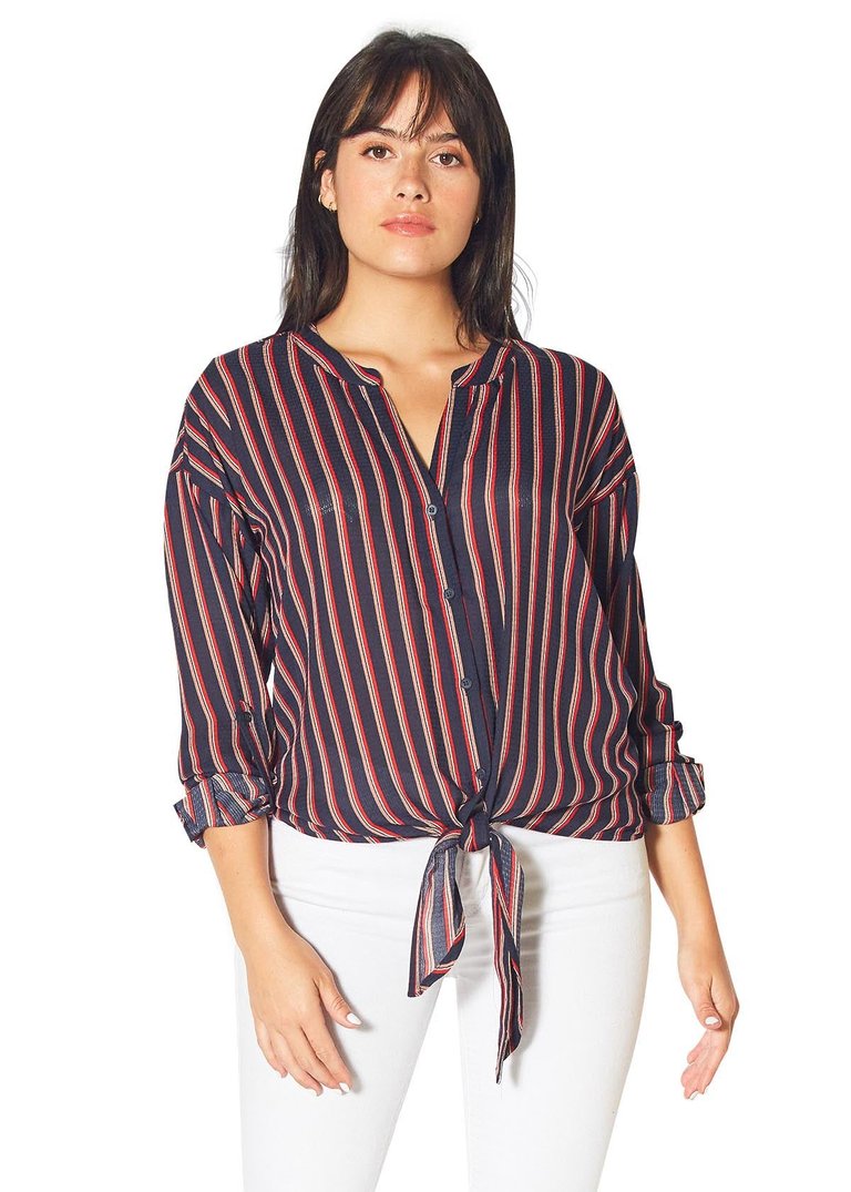 Tie-Neck- 3/4 Button Front Tunic in Navy Stripe - Navy Stripe