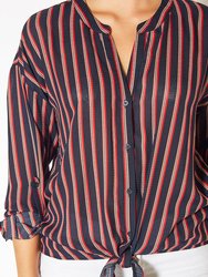 Tie-Neck- 3/4 Button Front Tunic in Navy Stripe