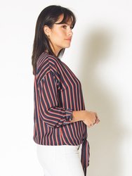 Tie-Neck- 3/4 Button Front Tunic in Navy Stripe