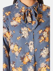 Tie Neck 3/4 Button Tunic in Dusty Blue Floral