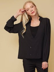 V-neck Button Down Solid Shirt Blouse - Black