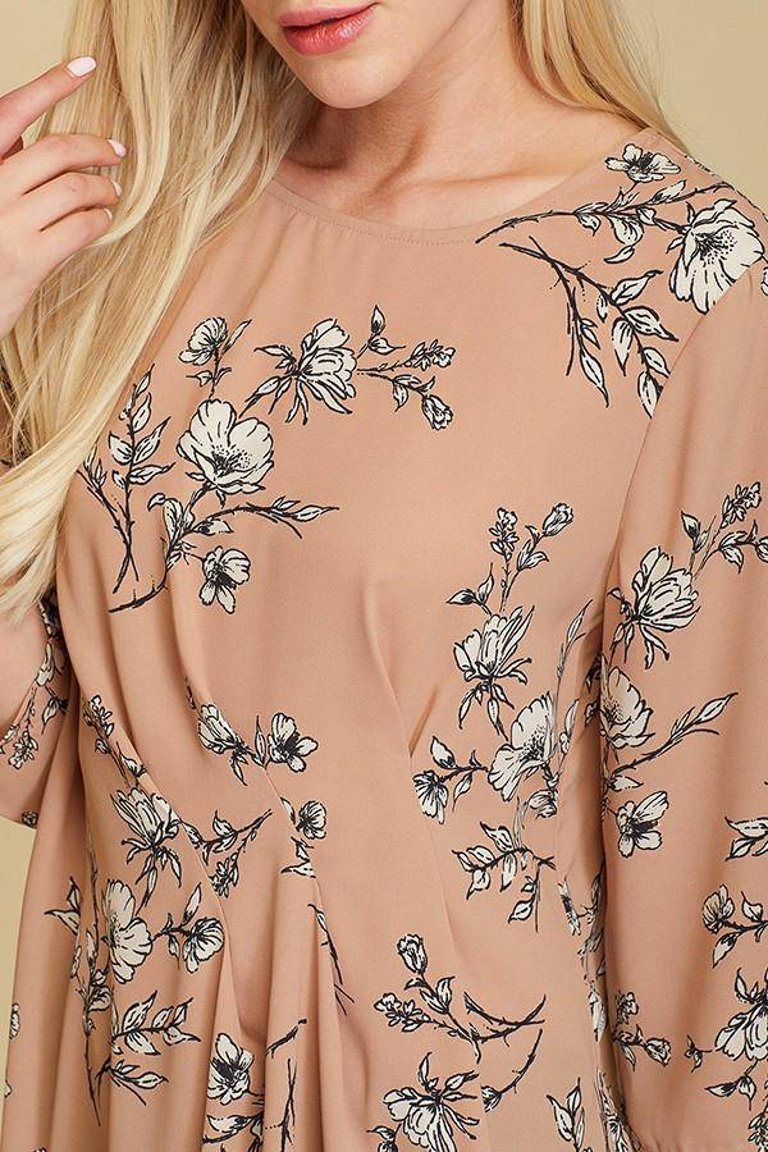 Women's 3/4 Floral Printed Sleeve Pleated Blouse Top