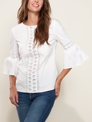 Women's Bell Sleeve Lace Trim Cutout Top - White