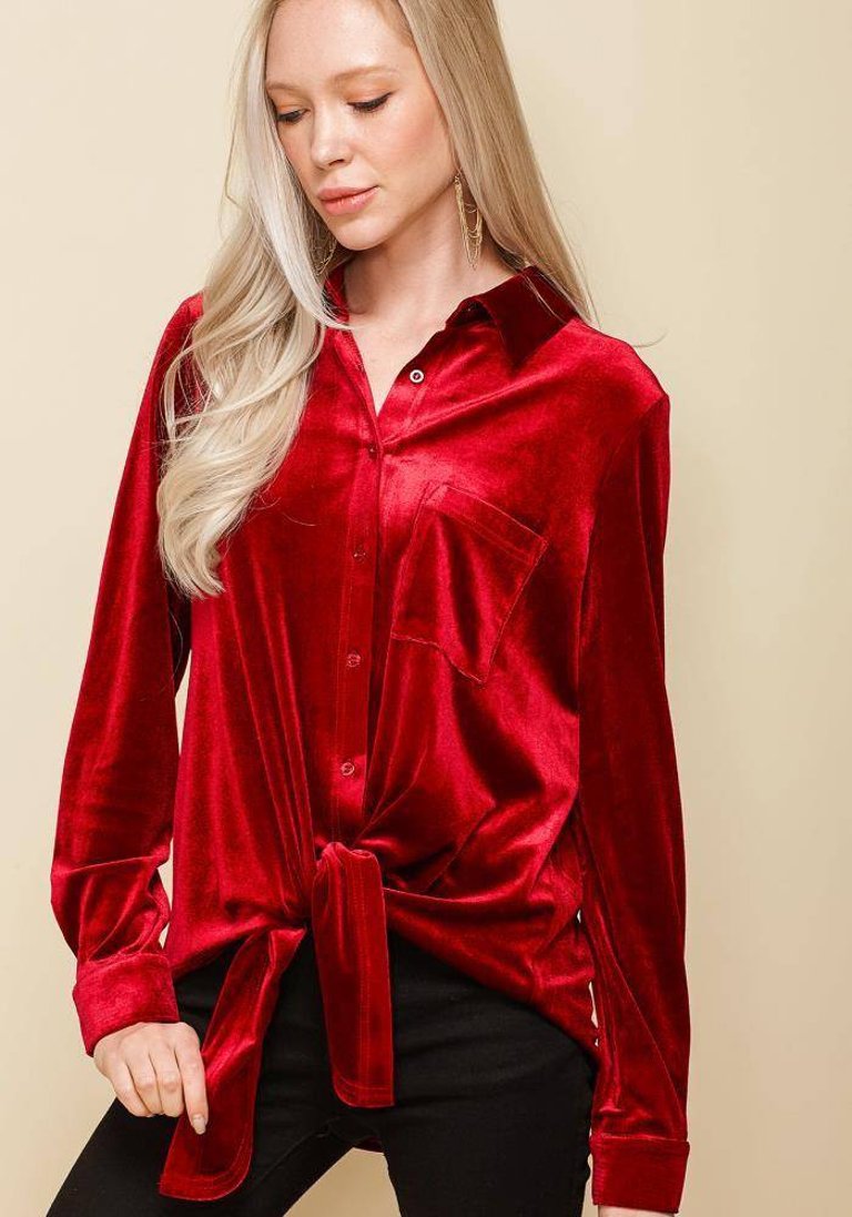 Women's Button Down Velvet Shirt Blouse With Tie Hem In Red