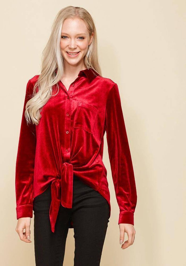 Women's Button Down Velvet Shirt Blouse With Tie Hem In Red - Red