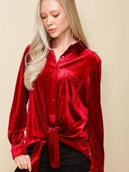 Women's Button Down Velvet Shirt Blouse With Tie Hem - Red