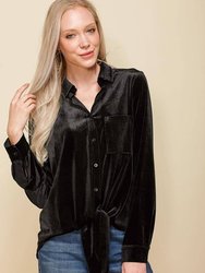 Women's Button Down Velvet Shirt Blouse With Tie Hem