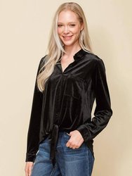 Women's Button Down Velvet Shirt Blouse With Tie Hem