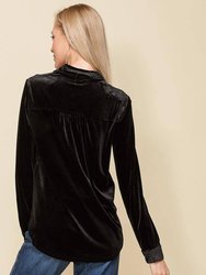 Women's Button Down Velvet Shirt Blouse With Tie Hem