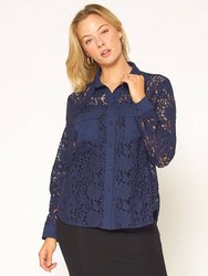 Women's Button Up Flower Lace Blouse - Navy