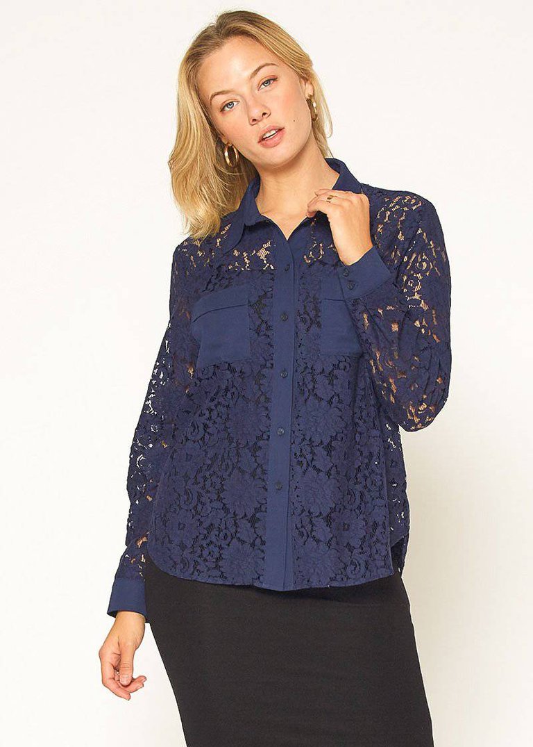 Women's Button Up Flower Lace Blouse - Navy