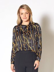 Women's Chained Print Scarf Tie Blouse - Black Gold Chain