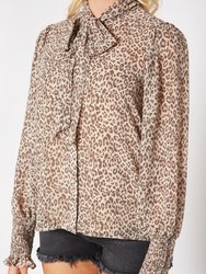 Women's Long Sleeve Inner Cami Tie Neck Blouse Top In Blush Leopard