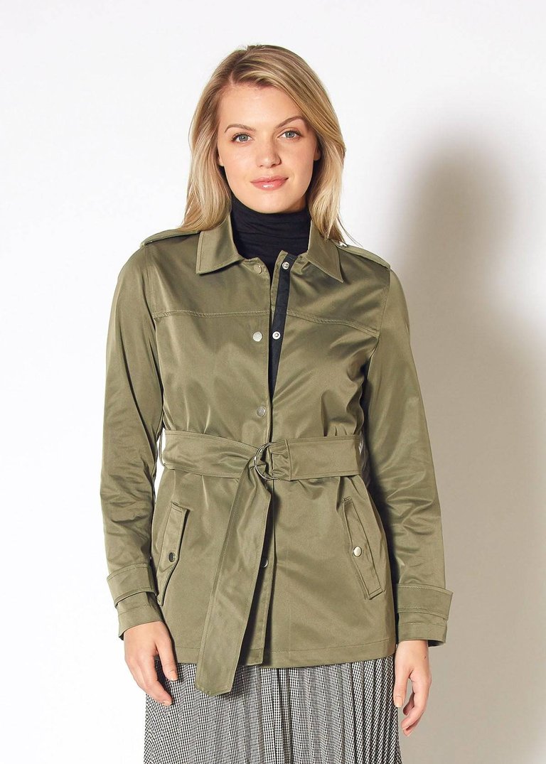 Women's Olive Windbreaker Belted Collar Jacket - Olive