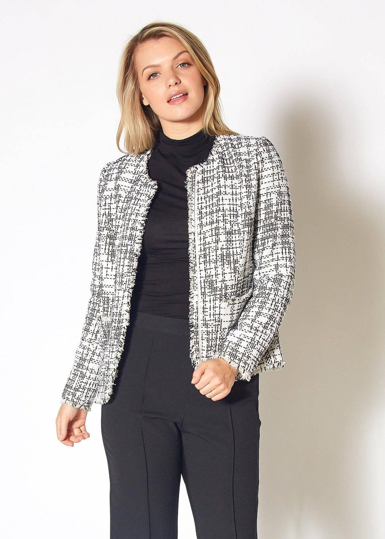 Women's Open Front Tweed Blazer - Black White