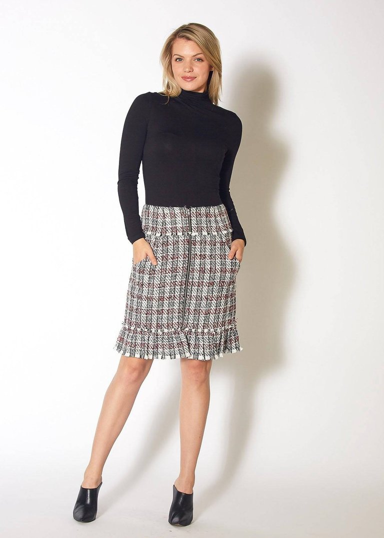 Women's Plaid Tweed Zipper Front Skirt - Black Red Tweed