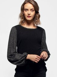 Women's Ribbed Round Neck Holiday Top - Black Silver