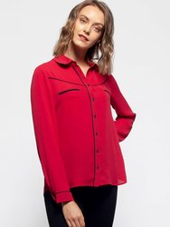 Women's Rounded Collar Button Down Shirt Blouse - Red
