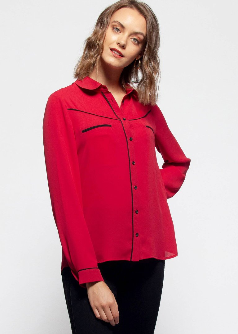 Women's Rounded Collar Button Down Shirt Blouse - Red