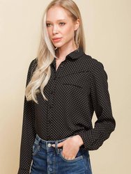 Women's Rounded Collar Button Down Shirt Blouse - Black Polka Dot