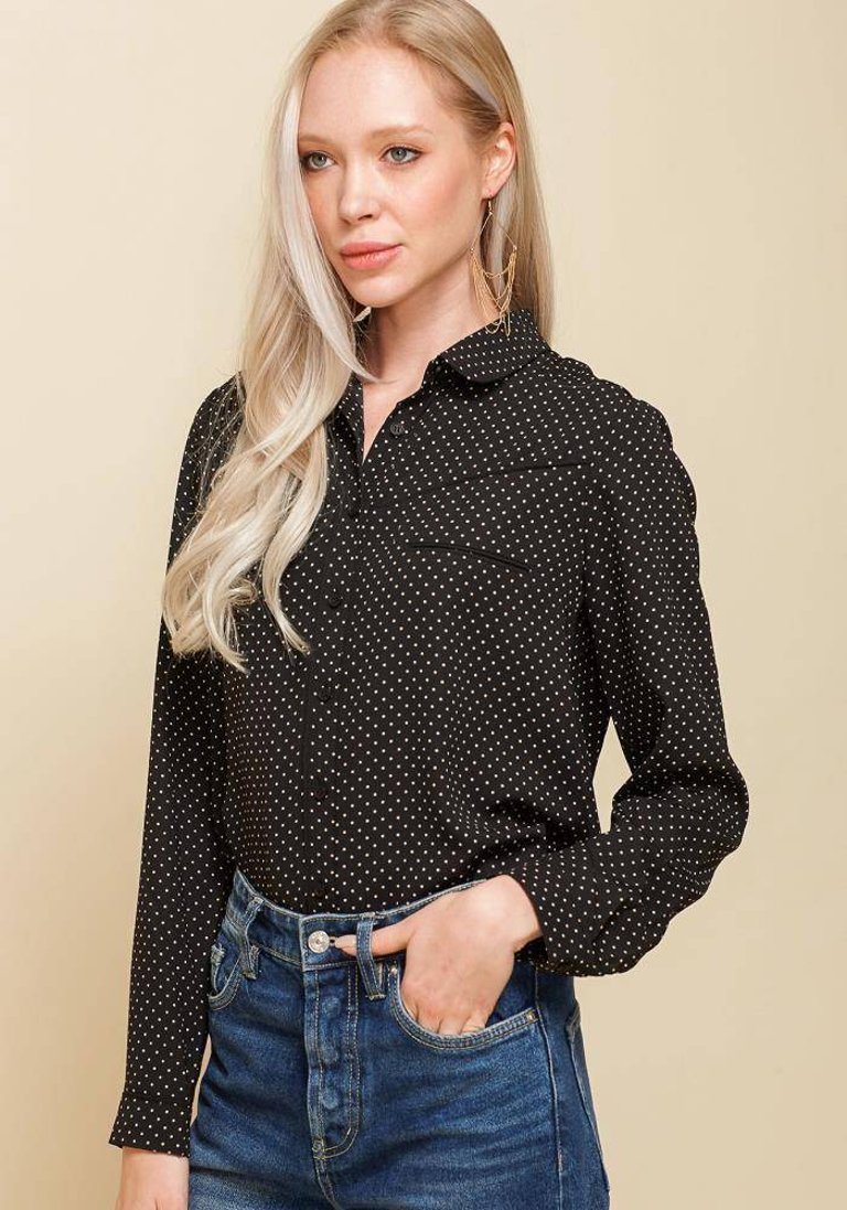 Women's Rounded Collar Button Down Shirt Blouse - Black Polka Dot