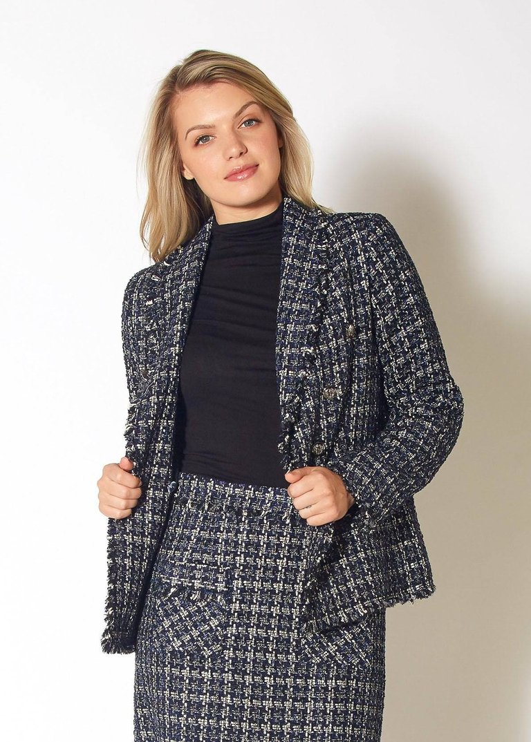 Women's Tweed Fringe Hem Blazer Jacket - Navy Tweed