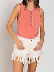 Button Front Tank With Lace Detail - Watermelon Pink