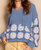 Cornflower Crochet Square Patch Hooded Pullover Sweater - Blue