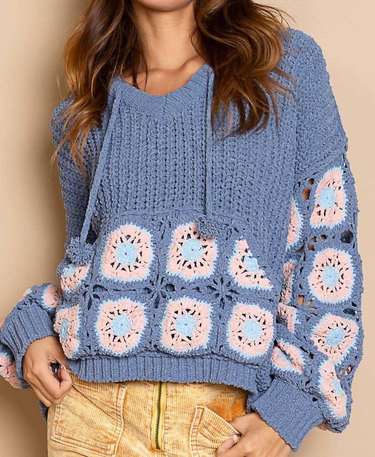 Cornflower Crochet Square Patch Hooded Pullover Sweater - Blue