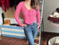 Fitted Sweater With Scoop Neck Line - Medium-Candy Pink