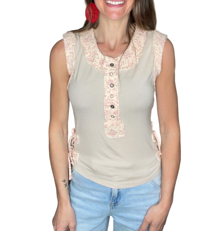 Floral Trimmed Sleeveless Top In Beige - Beige