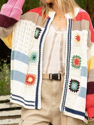 Pol Granny Squares Chenille Cardigan In Ivory Multi - Ivory Multi