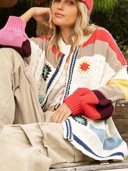 Pol Granny Squares Chenille Cardigan In Ivory Multi