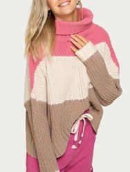 Textured Colorblock Turtleneck Sweater - Bubblegum Pink Multi