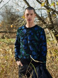 Crew Neck Multicolored Jacquard Knit Sweater With Midnight Botanical Pattern
