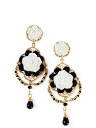 Classic Baroque Porcelain Rose Statement Earrings - White/Black/Gold