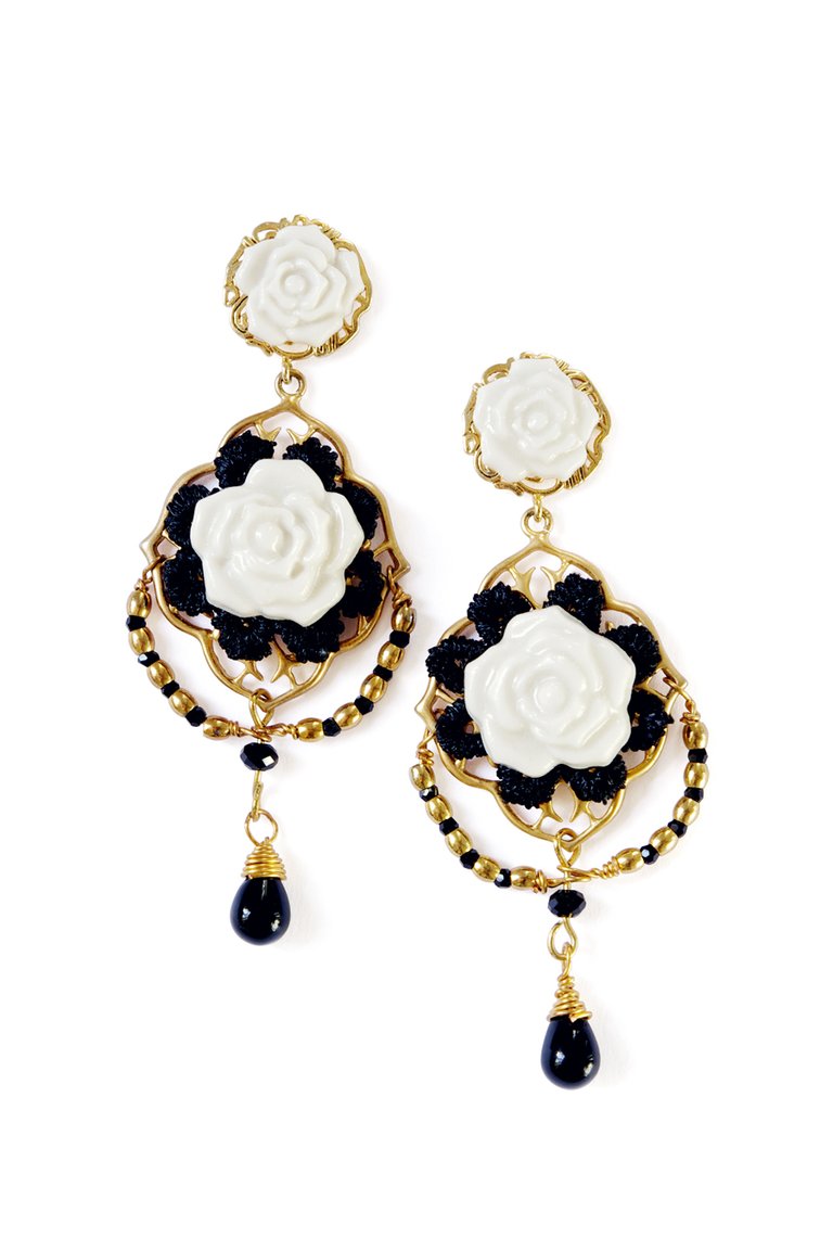 Classic Baroque Porcelain Rose Statement Earrings - White/Black/Gold