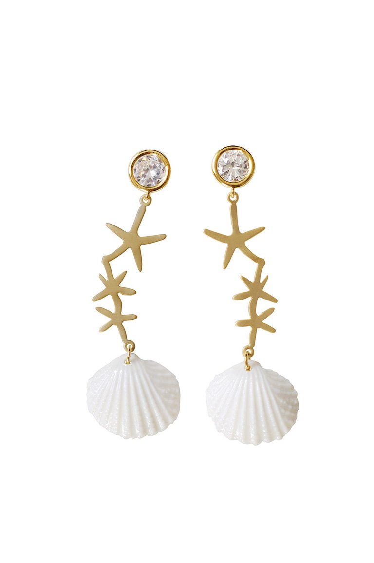 Crystal Star Porcelain Seashell Earrings - White/Gold