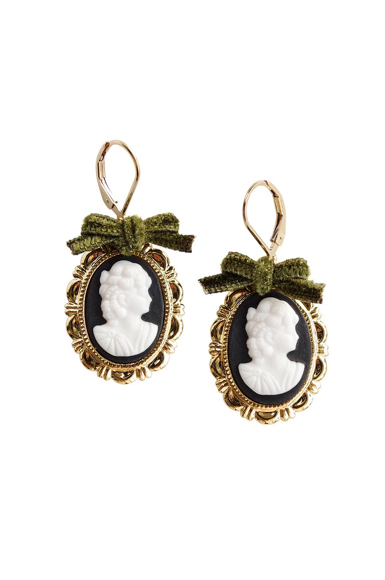 Dark Romance Goddess Oval Porcelain Cameo Earrings - Gold/Black/White/Green